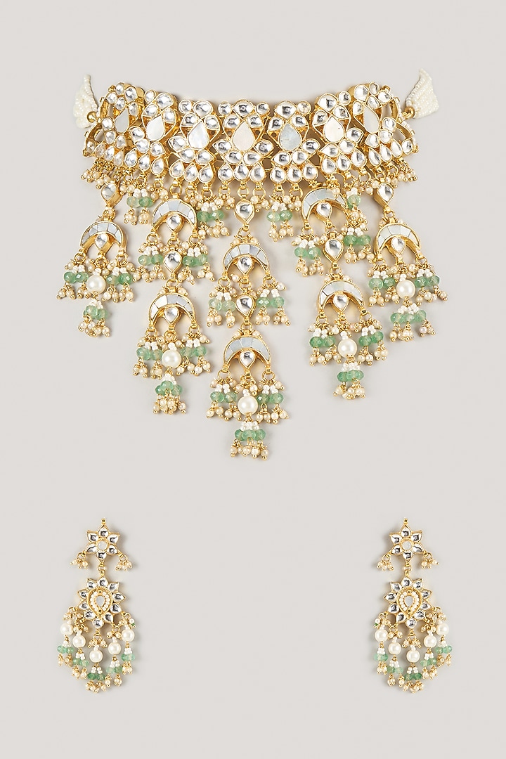 Micro Gold Finish Mother Of Pearl & Kundan Polki Choker Necklace Set by Namasya at Pernia's Pop Up Shop