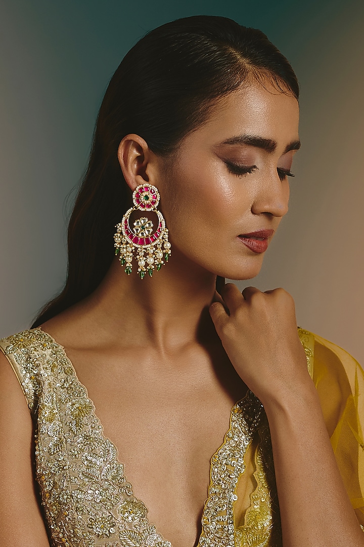 Micro Gold Finish Pink Kundan Polki & Green Beaded Chandbali Earrings by Namasya at Pernia's Pop Up Shop