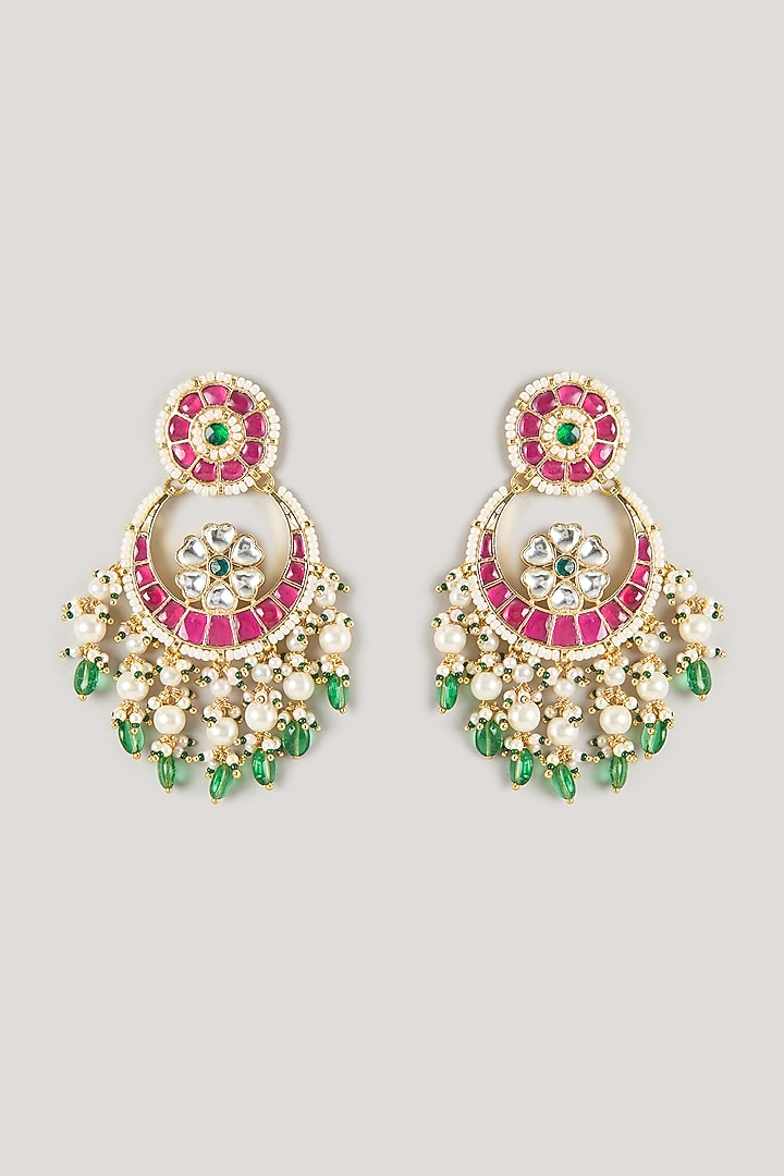 Micro Gold Finish Pink Kundan Polki & Green Beaded Chandbali Earrings by Namasya at Pernia's Pop Up Shop