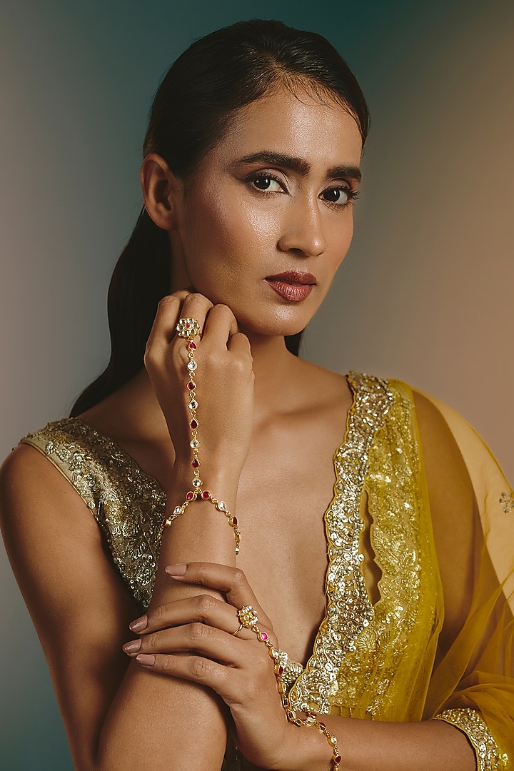 Micro Gold Finish Pink & White Kundan Polki Haathphool (Set Of 2) by Namasya at Pernia's Pop Up Shop