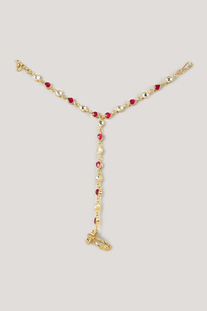 Micro Gold Finish Pink & White Kundan Polki Haathphool (Set Of 2) by Namasya at Pernia's Pop Up Shop