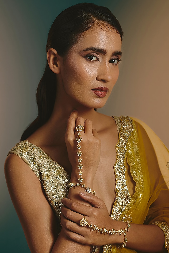 Micro Gold Finish Kundan Polki Haathphool (Set Of 2) by Namasya at Pernia's Pop Up Shop