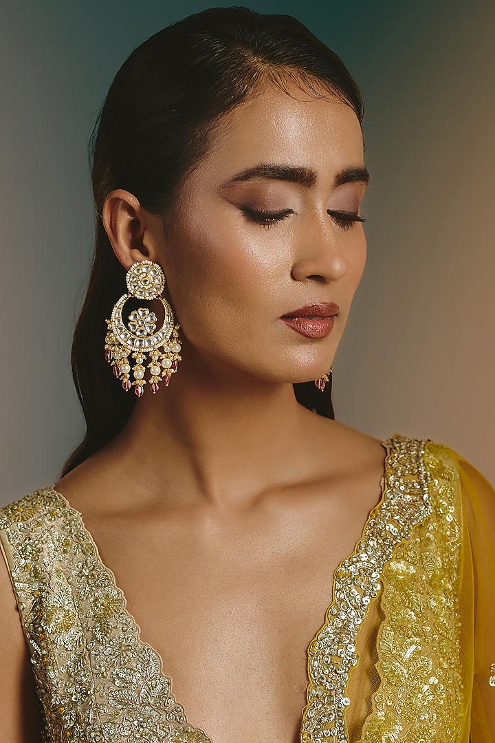 Micro Gold Finish Kundan Polki & Pink Drop Chandbali Earrings by Namasya at Pernia's Pop Up Shop