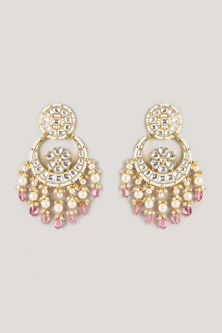 Micro Gold Finish Kundan Polki & Pink Drop Chandbali Earrings by Namasya at Pernia's Pop Up Shop