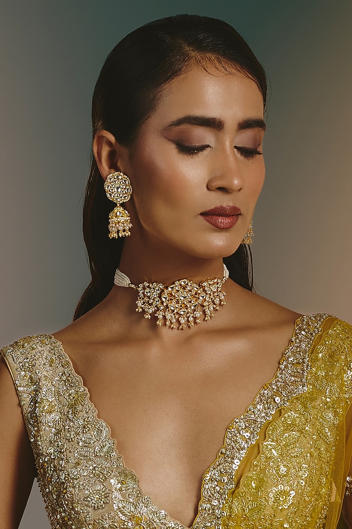 Micro Gold Finish Kundan Polki & Pearl Drop Choker Necklace Set by Namasya at Pernia's Pop Up Shop