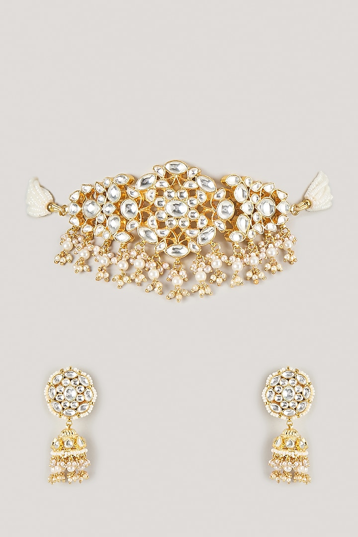 Micro Gold Finish Kundan Polki & Pearl Drop Choker Necklace Set by Namasya at Pernia's Pop Up Shop