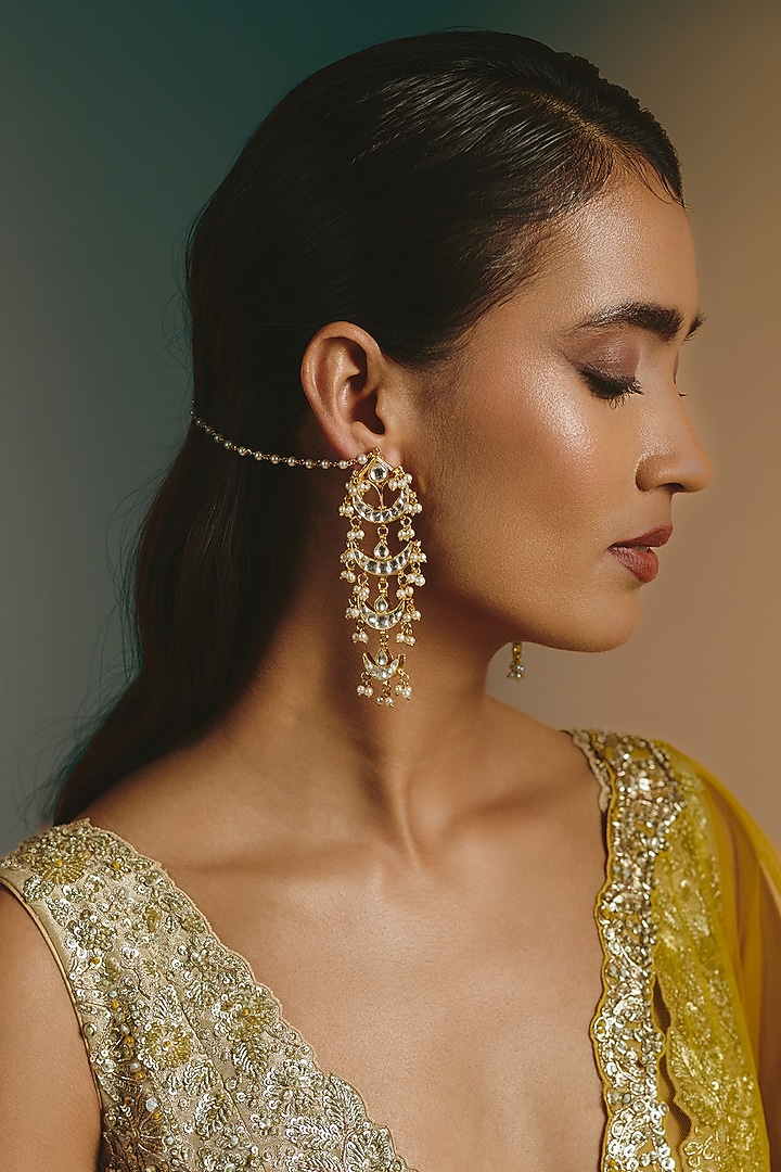 Micro Gold Finish Kundan Polki & Pearl Long Earrings by Namasya at Pernia's Pop Up Shop