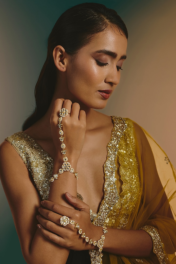 Micro Gold Finish Kundan Polki Haathphool (Set Of 2) by Namasya at Pernia's Pop Up Shop