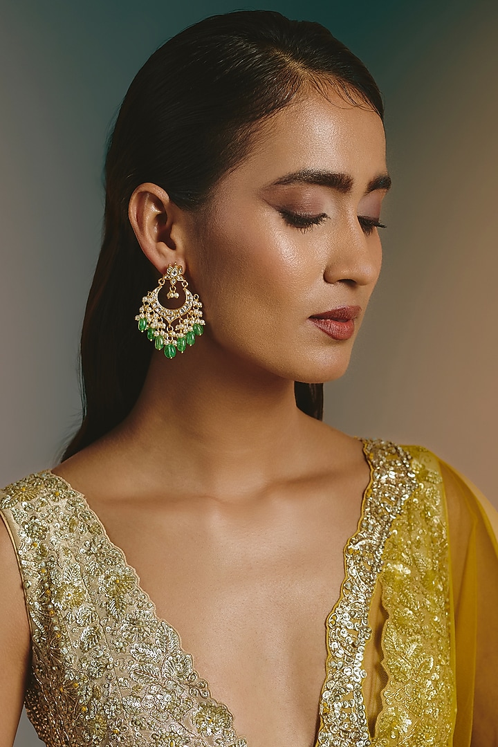 Micro Gold Finish Kundan Polki & Green Drop Chandbali Earrings by Namasya at Pernia's Pop Up Shop