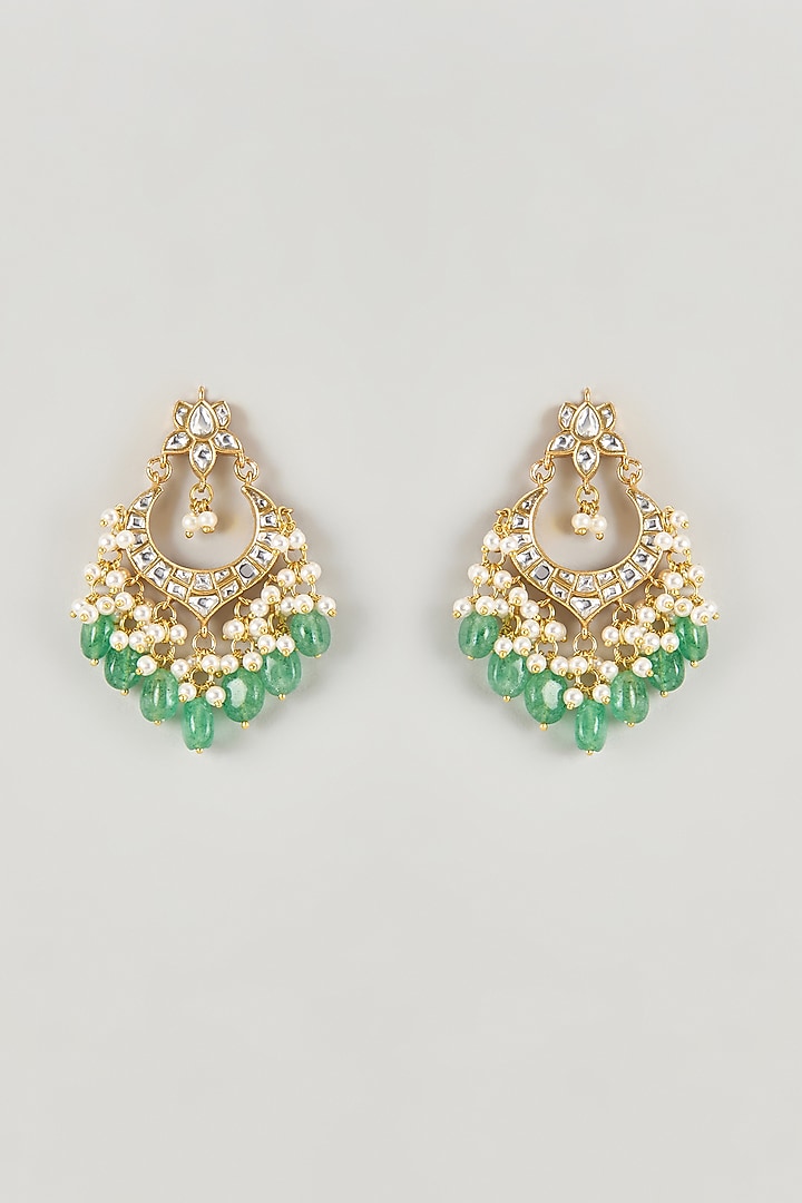 Micro Gold Finish Kundan Polki & Green Drop Chandbali Earrings by Namasya at Pernia's Pop Up Shop