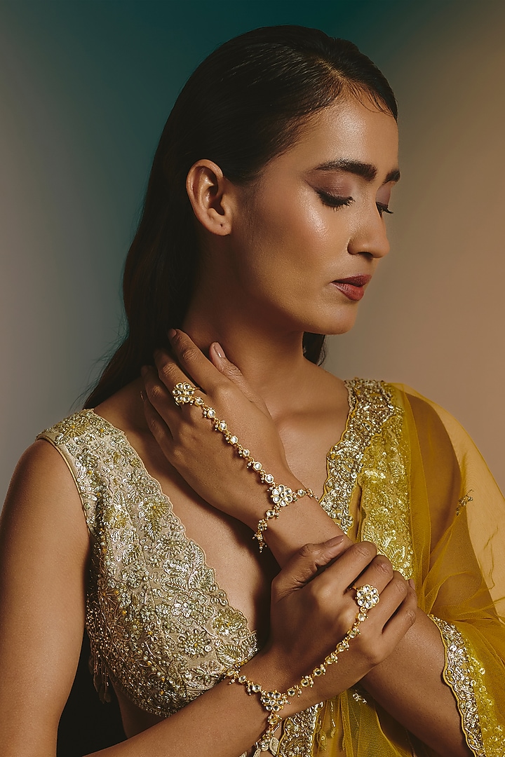 Micro Gold Finish Kundan Polki Haathphool (Set Of 2) by Namasya at Pernia's Pop Up Shop