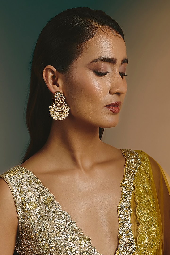 Micro Gold Finish Kundan Polki & Pink Drop Chandbali Earrings by Namasya at Pernia's Pop Up Shop