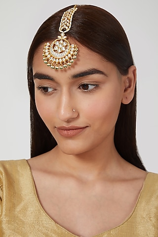 Gold Finish Pearl & Kundan Maang Tikka by Namasya
