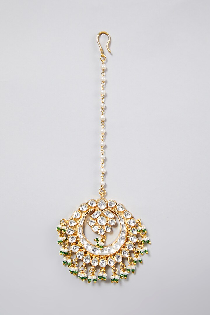 Gold Finish Oversized Pearl Maang Tikka by Namasya at Pernia's Pop Up Shop