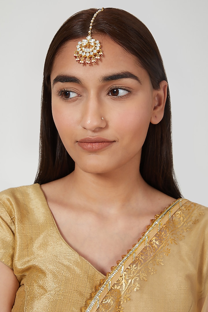 Gold Finish Pearl Maang Tikka by Namasya at Pernia's Pop Up Shop