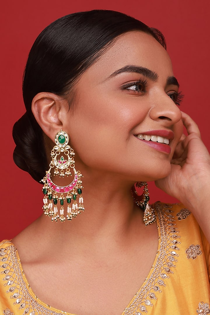 Gold Finish Pink & Green Kundan Polki Dangler Earrings by Namasya