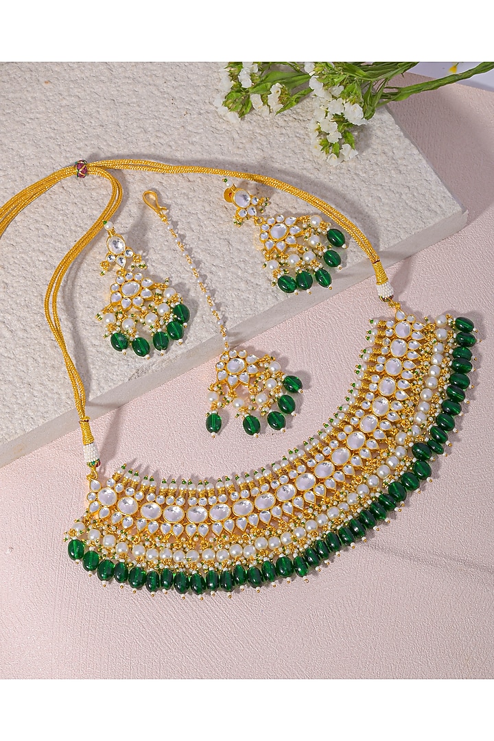Gold Finish Kundan Polki & Green Beaded Necklace Set by Namasya at Pernia's Pop Up Shop