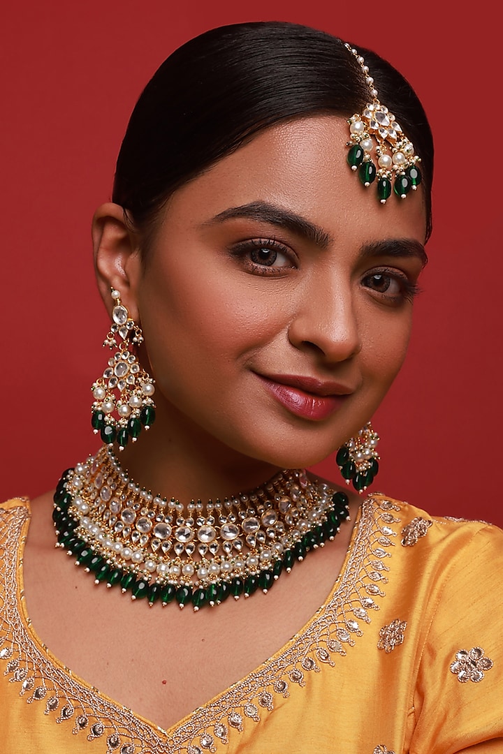 Gold Finish Kundan Polki & Green Beaded Necklace Set by Namasya at Pernia's Pop Up Shop