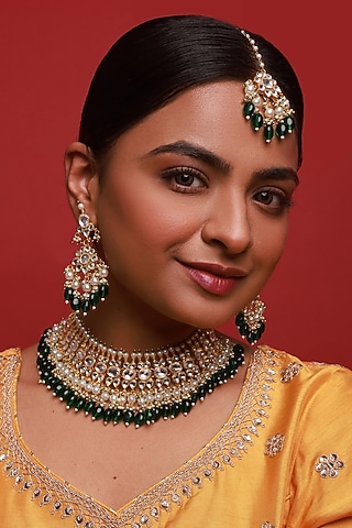 Gold Finish Kundan Polki & Green Beaded Necklace Set by Namasya