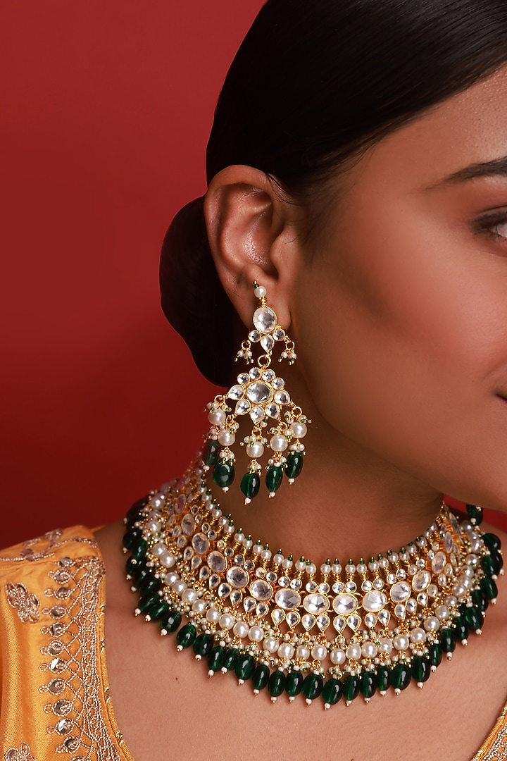 Gold Finish Kundan Polki & Green Beaded Necklace Set by Namasya at Pernia's Pop Up Shop