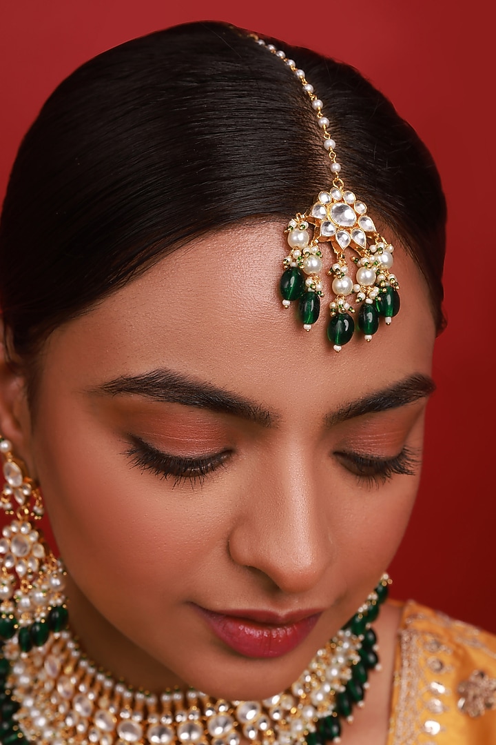 Gold Finish Kundan Polki & Green Beaded Necklace Set by Namasya at Pernia's Pop Up Shop