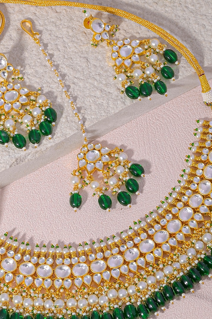 Gold Finish Kundan Polki & Green Beaded Necklace Set by Namasya at Pernia's Pop Up Shop