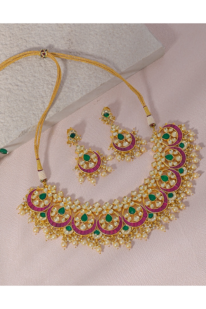 Gold Finish Pink & Green Kundan Polki Necklace Set by Namasya at Pernia's Pop Up Shop