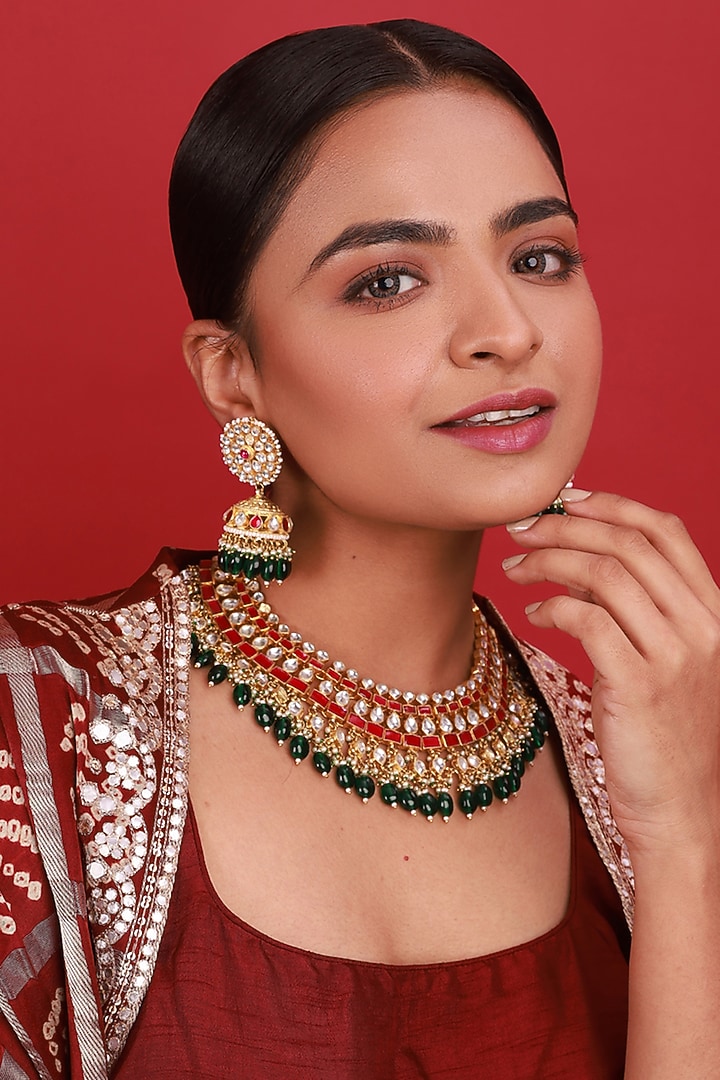 Gold Finish Pink Kundan Polki Necklace Set by Namasya at Pernia's Pop Up Shop