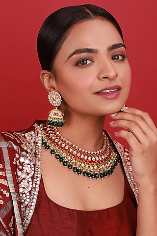 Gold Finish Pink Kundan Polki Necklace Set by Namasya