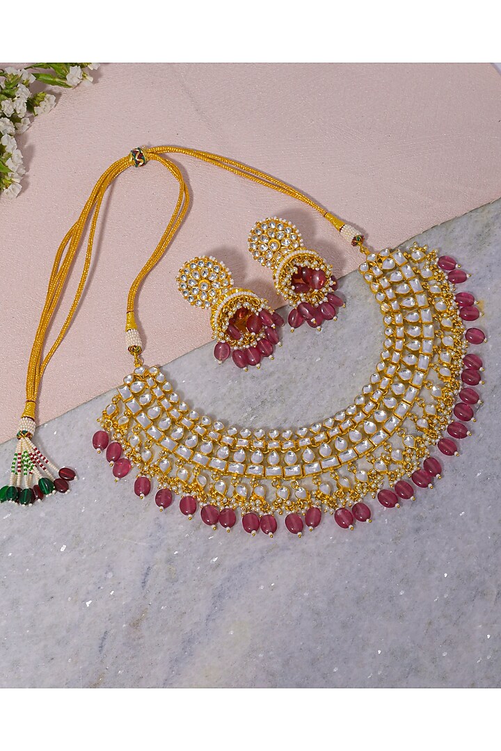 Gold Finish White Kundan Polki & Pink Drop Necklace Set by Namasya at Pernia's Pop Up Shop