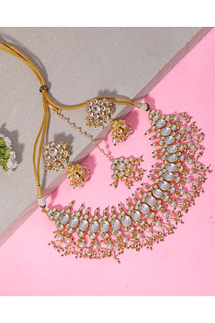 Gold Finish White Kundan Polki & Pearl Drop Necklace Set by Namasya at Pernia's Pop Up Shop