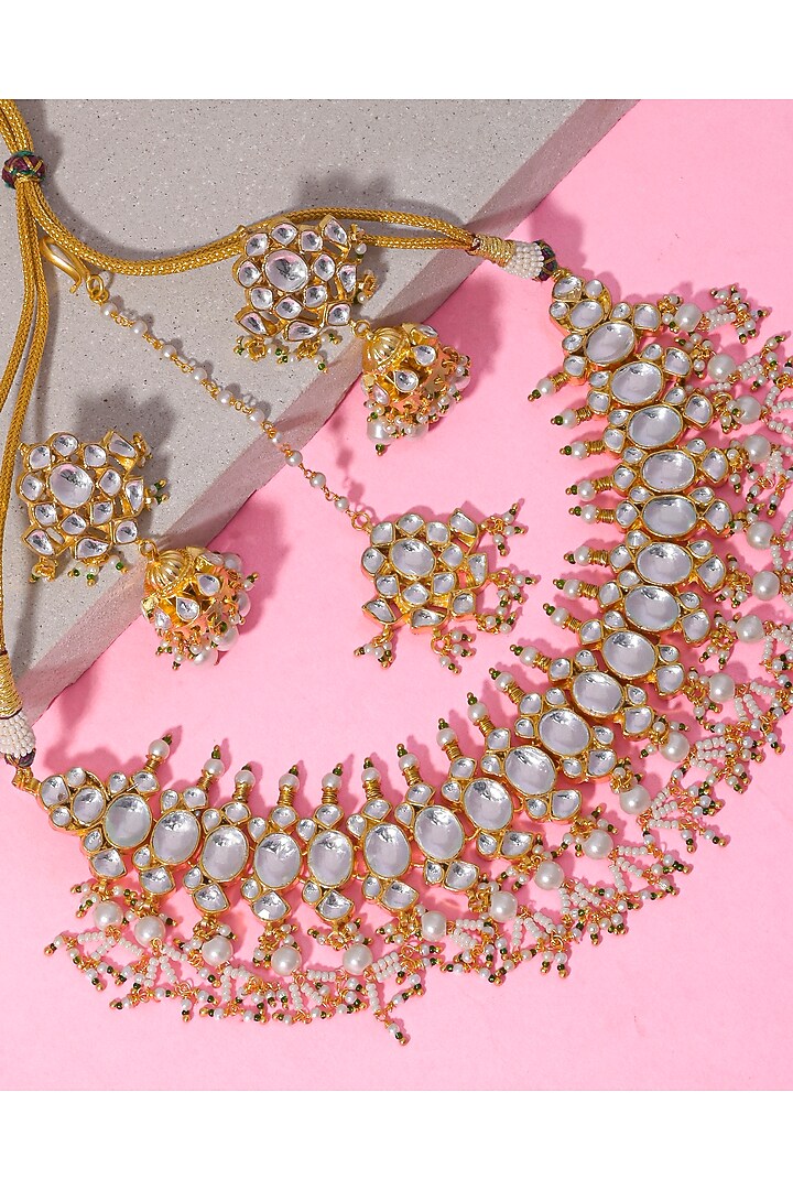 Gold Finish White Kundan Polki & Pearl Drop Necklace Set by Namasya at Pernia's Pop Up Shop