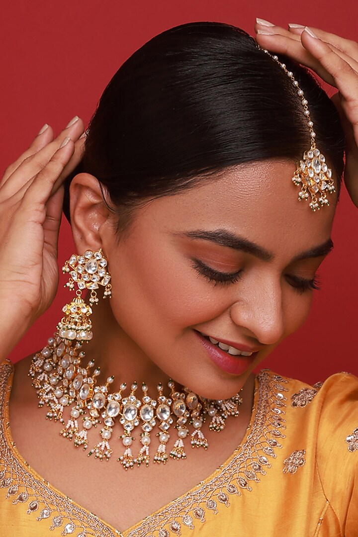 Gold Finish White Kundan Polki & Pearl Drop Necklace Set by Namasya at Pernia's Pop Up Shop