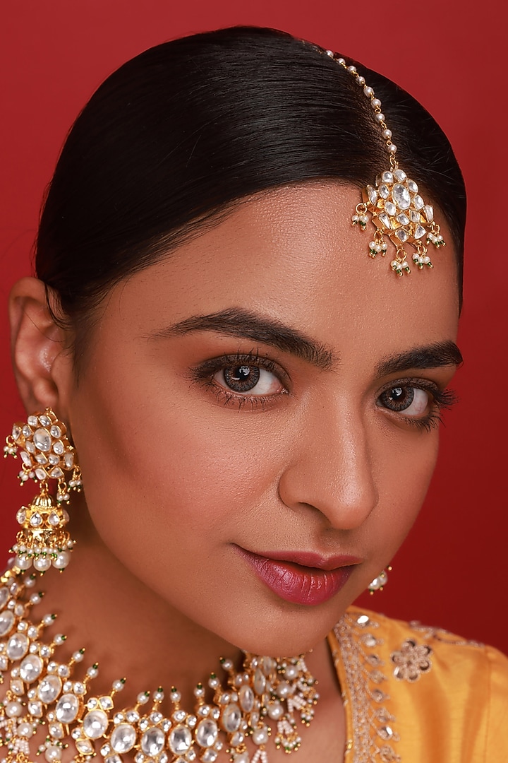 Gold Finish White Kundan Polki & Pearl Drop Necklace Set by Namasya at Pernia's Pop Up Shop