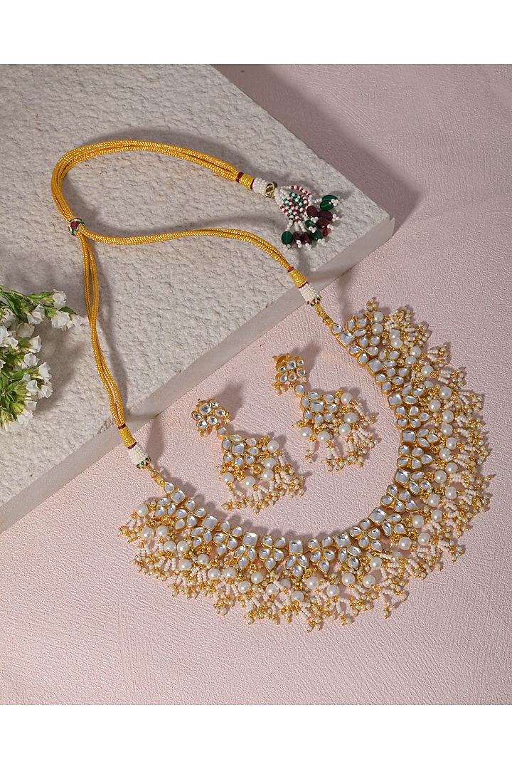 Gold Finish White Kundan Polki & Pearl Drop Necklace Set by Namasya at Pernia's Pop Up Shop