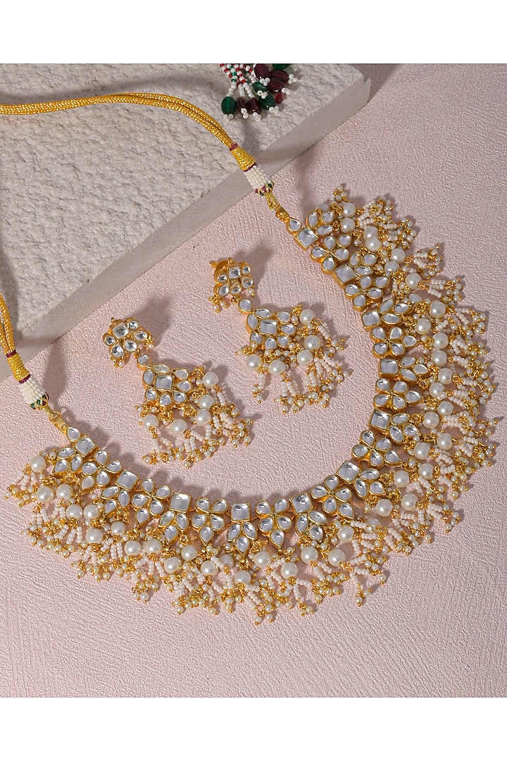 Gold Finish White Kundan Polki & Pearl Drop Necklace Set by Namasya at Pernia's Pop Up Shop