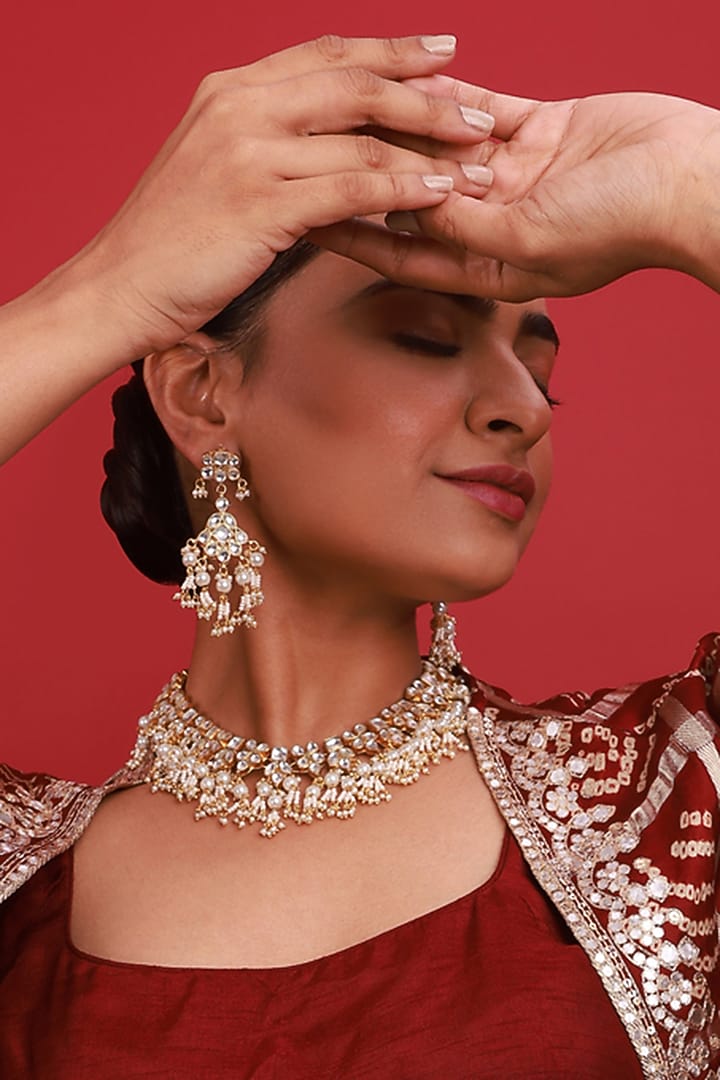 Gold Finish White Kundan Polki & Pearl Drop Necklace Set by Namasya at Pernia's Pop Up Shop