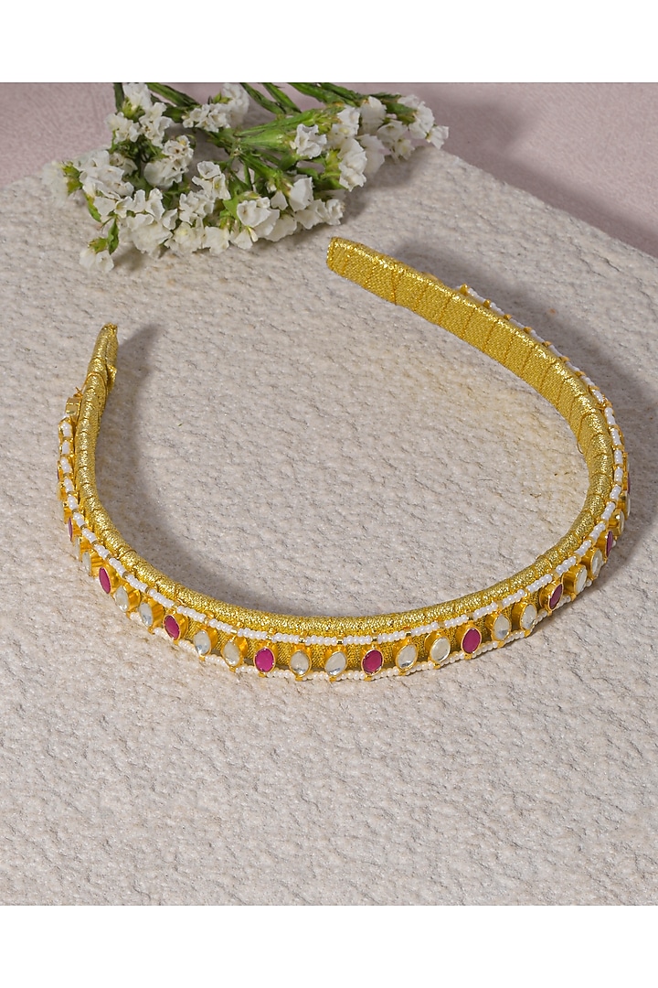 Gold Finish Pink Kundan Polki Handcrafted Hairband by Namasya at Pernia's Pop Up Shop