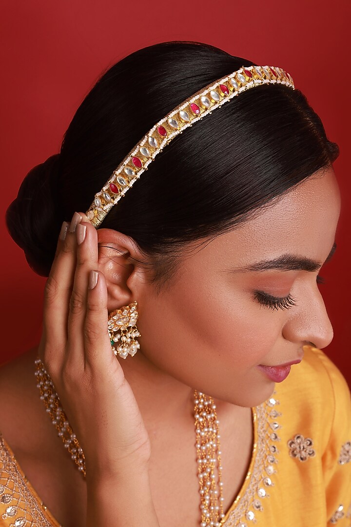 Gold Finish Pink Kundan Polki Handcrafted Hairband by Namasya at Pernia's Pop Up Shop