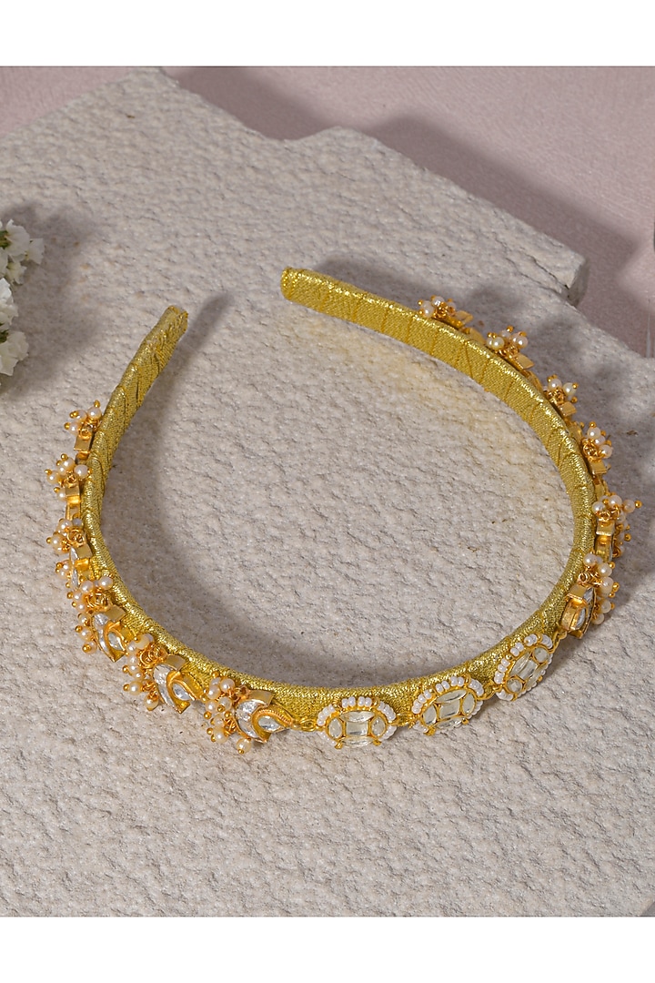 Gold Finish White Kundan Polki Handcrafted Hairband by Namasya at Pernia's Pop Up Shop