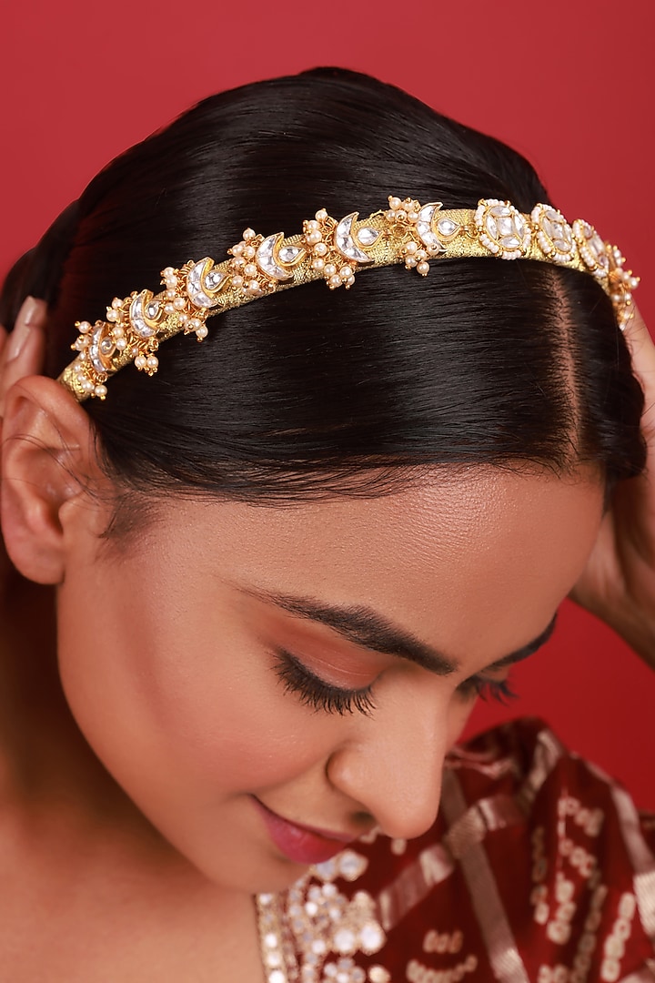 Gold Finish White Kundan Polki Handcrafted Hairband by Namasya at Pernia's Pop Up Shop