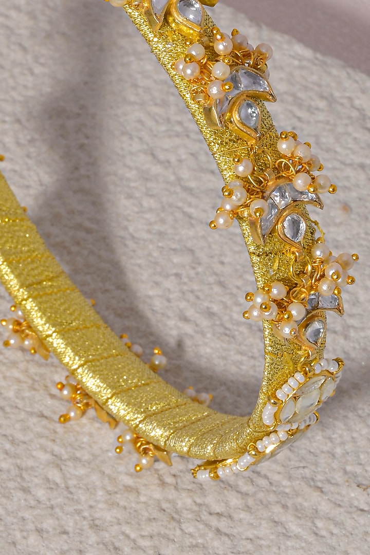 Gold Finish White Kundan Polki Handcrafted Hairband by Namasya at Pernia's Pop Up Shop