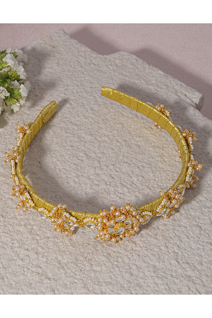 Gold Finish White Kundan Polki Handcrafted Hairband by Namasya at Pernia's Pop Up Shop