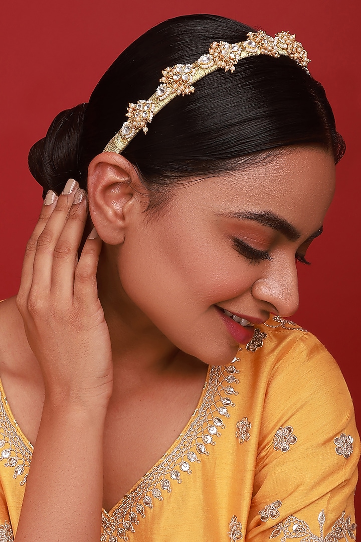 Gold Finish White Kundan Polki Handcrafted Hairband by Namasya at Pernia's Pop Up Shop