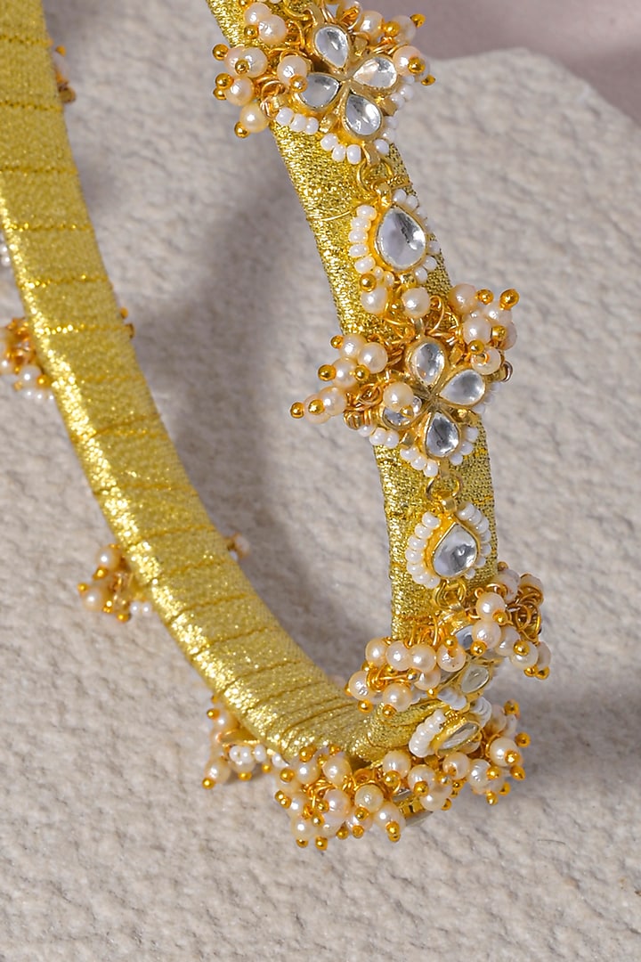 Gold Finish White Kundan Polki Handcrafted Hairband by Namasya at Pernia's Pop Up Shop