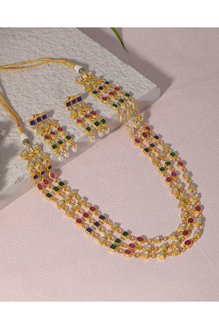 Gold Finish Navratan Kundan Polki Long Necklace Set by Namasya at Pernia's Pop Up Shop