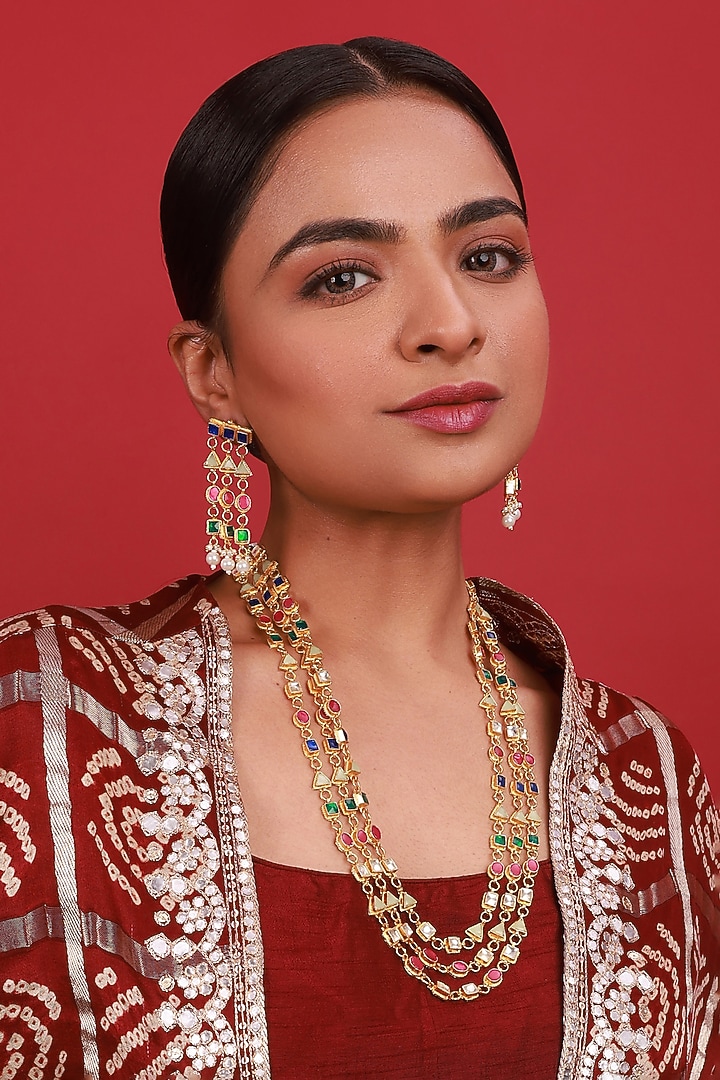 Gold Finish Navratan Kundan Polki Long Necklace Set by Namasya at Pernia's Pop Up Shop