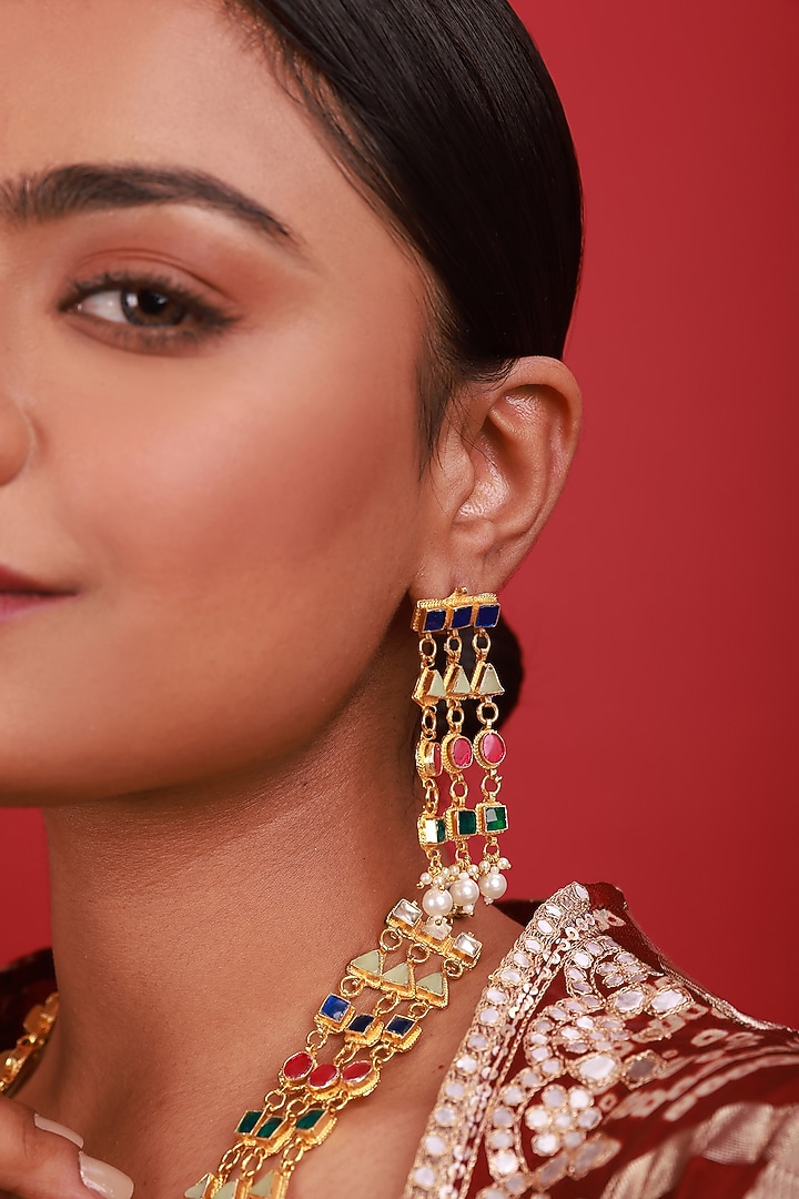 Gold Finish Navratan Kundan Polki Long Necklace Set by Namasya at Pernia's Pop Up Shop