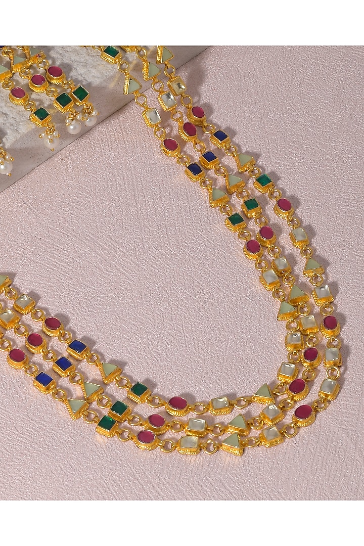 Gold Finish Navratan Kundan Polki Long Necklace Set by Namasya at Pernia's Pop Up Shop