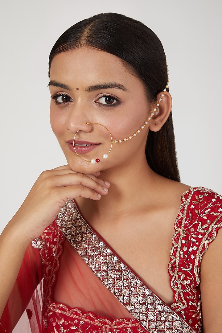 Gold Finish Kundan Polki & Pearls Nose Ring by Namasya